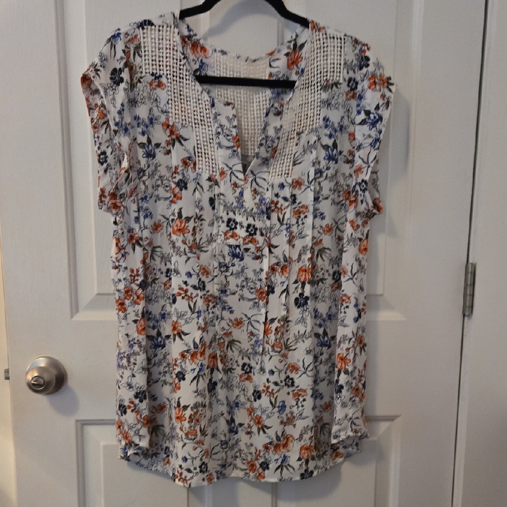 Daniel Rainn Floral Blouse Sz 1X - White with Orange and Blue